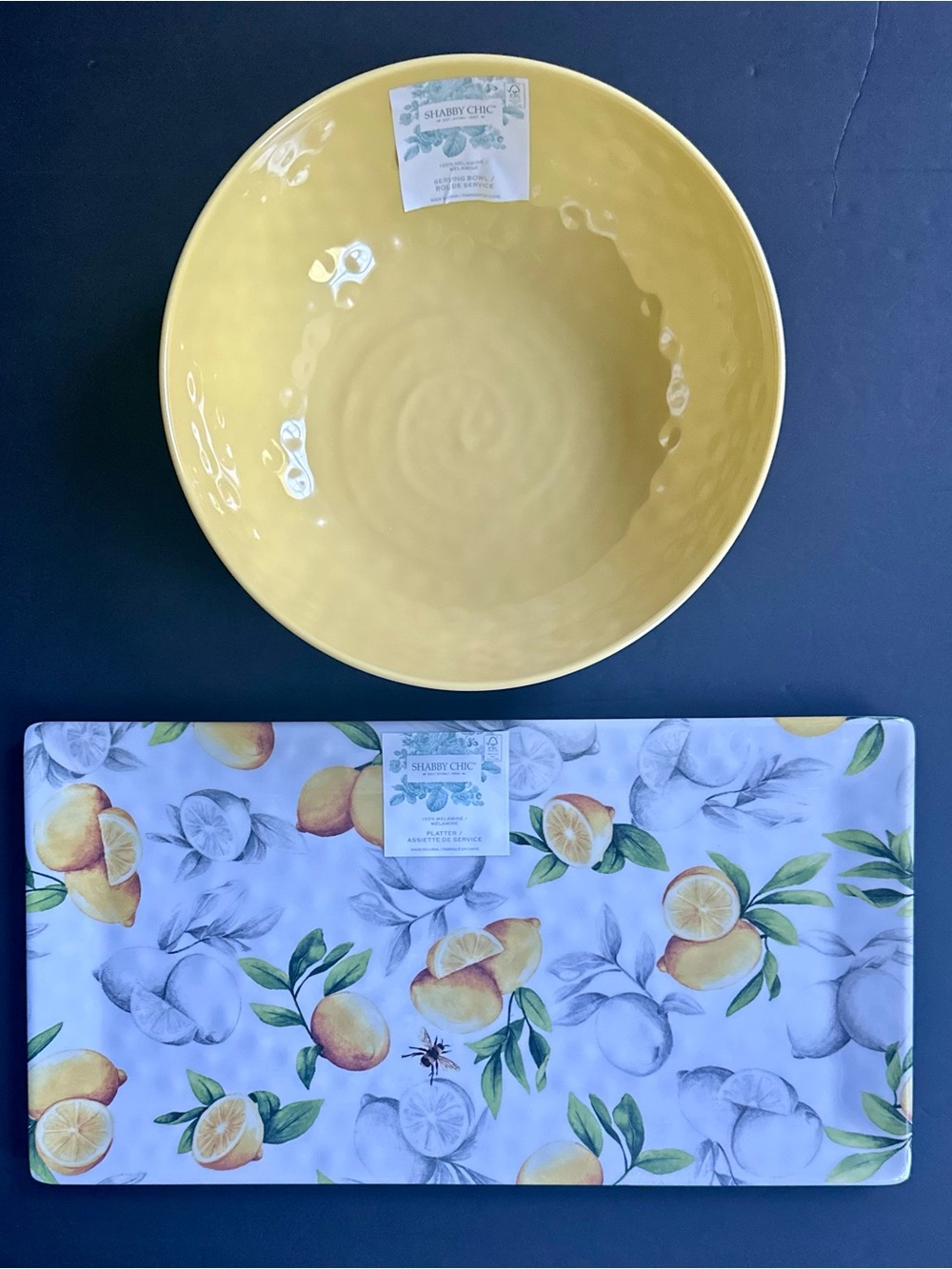 2pc SHABBY CHIC Melamine Citrus Pattern ServingBowl/Tray Set -Yellow Interior